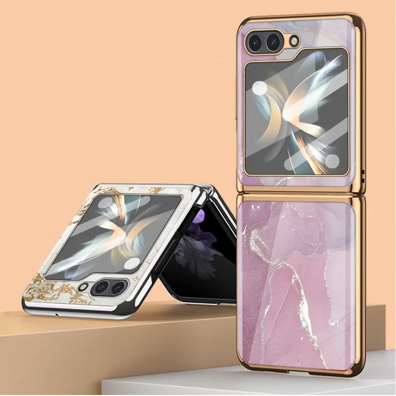 Luxury Marble Phone Case for Samsung Z Flip 4 Case Fashion Shockproof Cover for Samsung Z Flip 5 Case with Tempered Glass