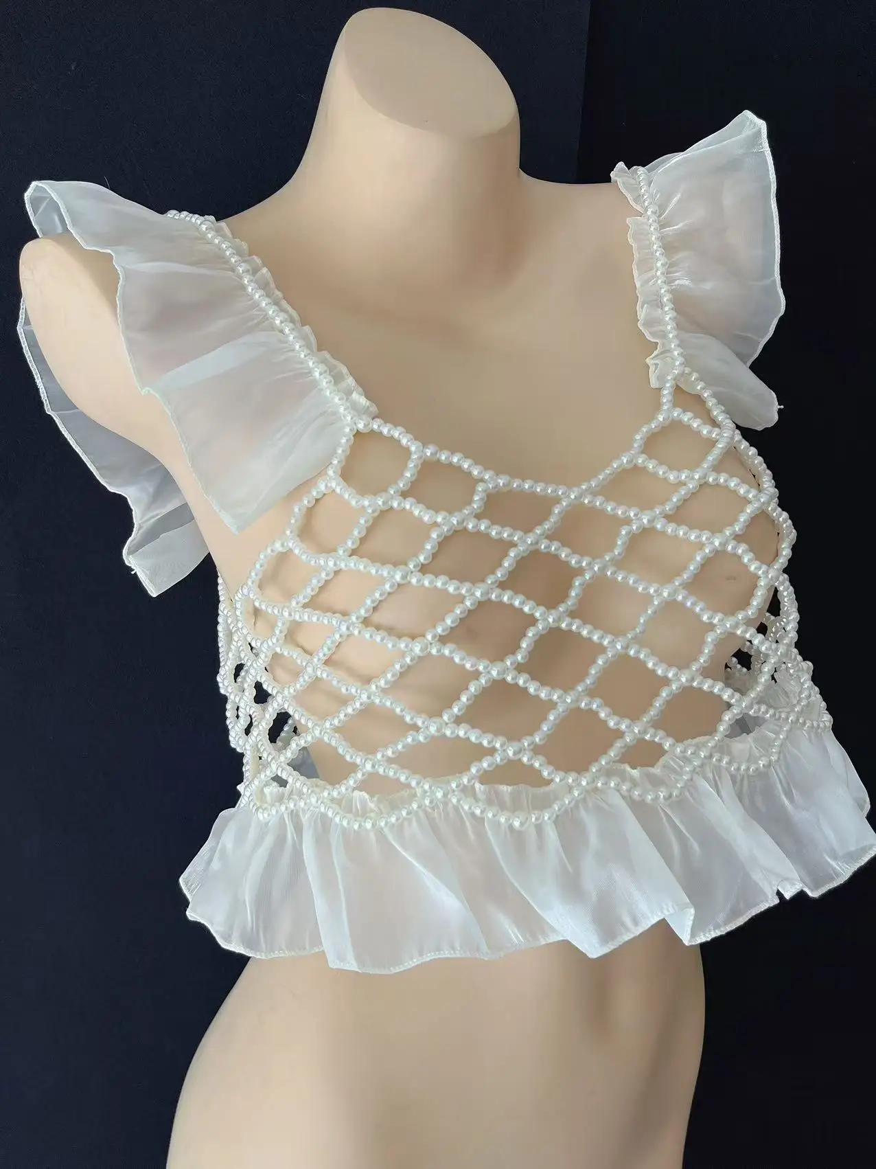 1개 신상 프렌치 레이스 인조 진주 작은 멜빵 일본 및 한국 스타일 여름 소녀 비즈 장식 외부 캐미솔 달콤하고 사랑스러운 스타일