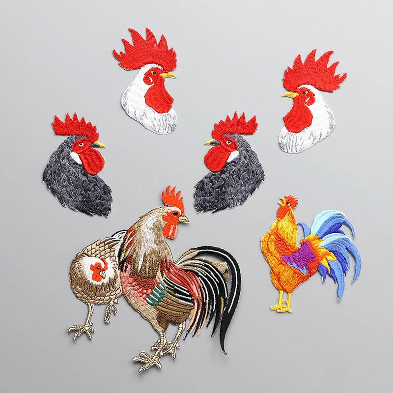 1 Piece Embroidery Rooster Head Symmetrical Iron on Patches for Clothing DIY Repair Creative Decoration Small Size Back Adhesive