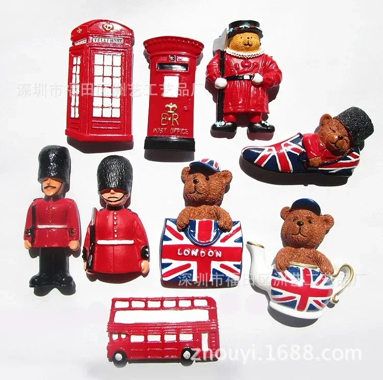 Imán de nevera de Inglaterra, autobús de Londres, soldado británico, oso lindo, cabina telefónica, recuerdo turístico, pegatinas de refrigerador estéreo de resina