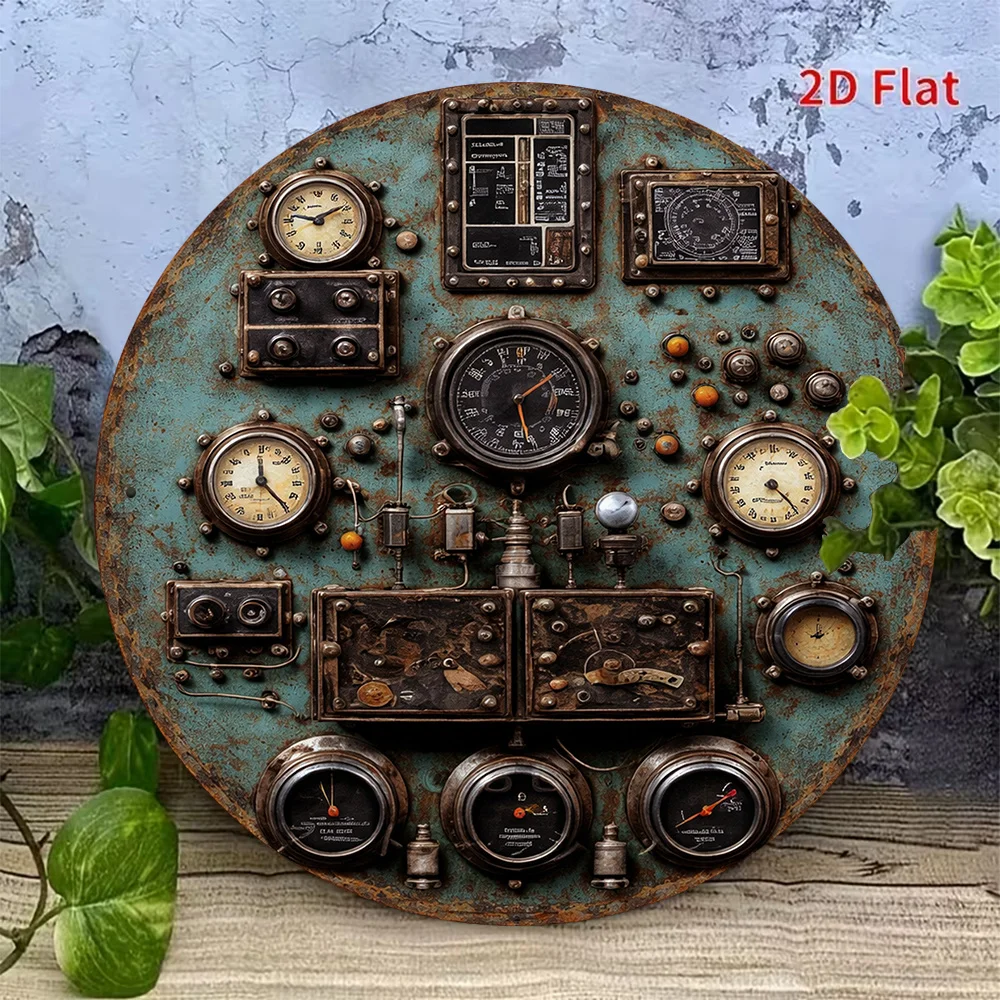 2D Flat Retro Dashboard Round Aluminum Sign - Steampunk Control Panel Wall Decor for Bar Cafe Workshop Home Office Gift view 5