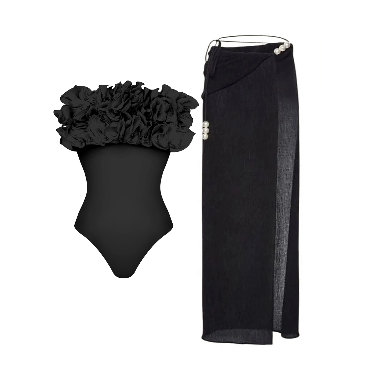 2025 2Pc High Quality Luxury Woman Swimsuit Flower Ruffle Solid Bathingsuit Push Up Swimwear Off Shoulder Summer Suits Beachwear