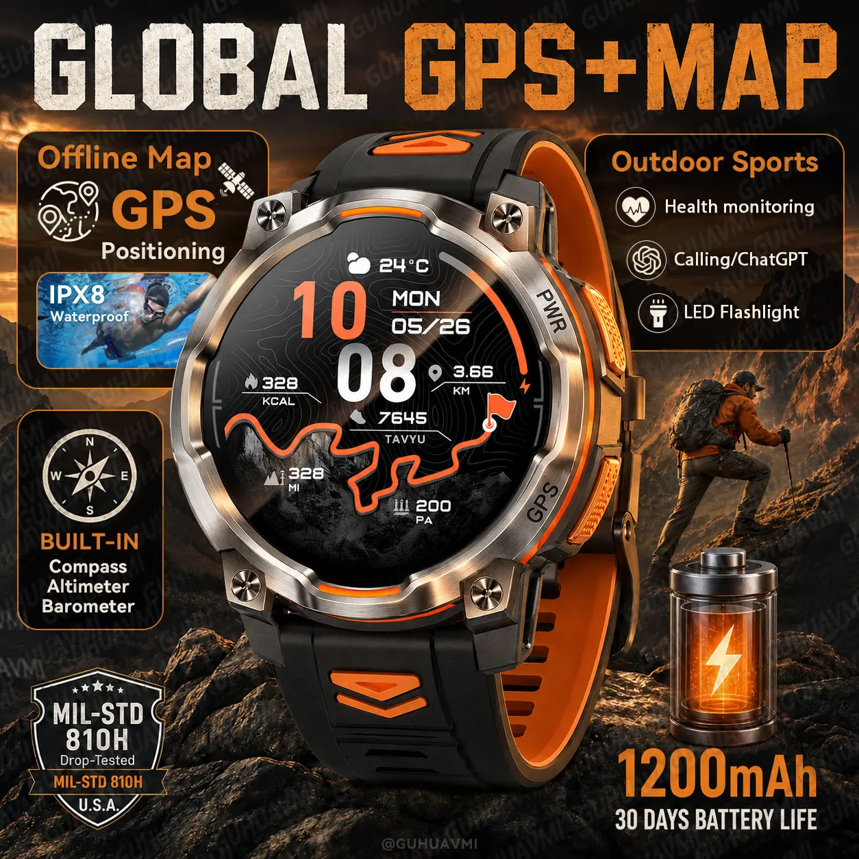 Men Rugged Military Smart Watch Global GPS Offline Map 1200mAh Battery IPX8 Swim LED Flashlight WhatsAPP Reply Call Sports Watch