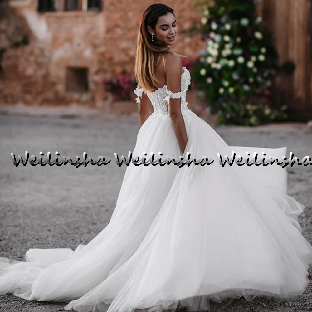 Weilinsha-Robes de mariée Boho, appliques en dentelle, col en cœur, ligne A, tulle, long, quel que soit le balayage, train, mariée, 2022