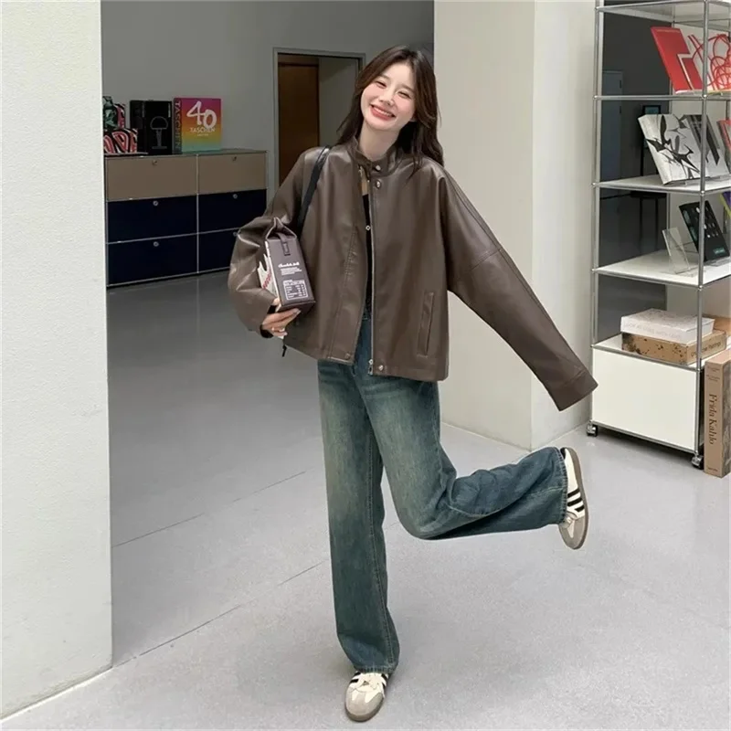 Kaffeefarbene kleine Lederjacke für Damen, 2025, Frühling und Herbst, neue High-End-Feeling-Straße, kleine Motorradjacke