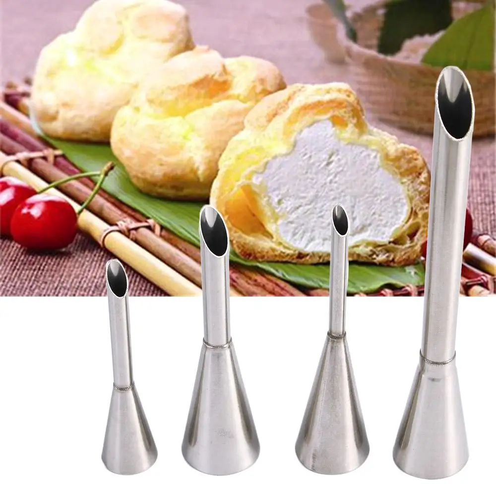 4 ชิ้นยาวเข็มฉีดยา Eclairs สแตนเลสพัฟครีมเบเกอรี่เครื่องมือท่อหัวฉีดเคล็ดลับเค้กหัวฉีดเค้กตกแต่ง