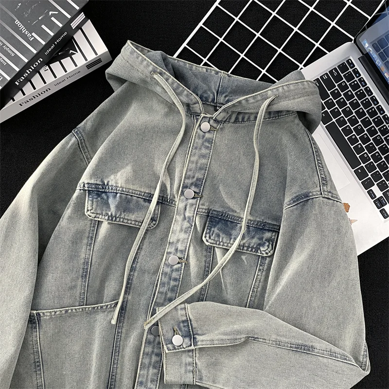 

Мужская джинсовая куртка, весна-осень, новая американская ретро-кежуал, свободные синие пальто с капюшоном, модная универсальная однобортная рабочая одежда, топ