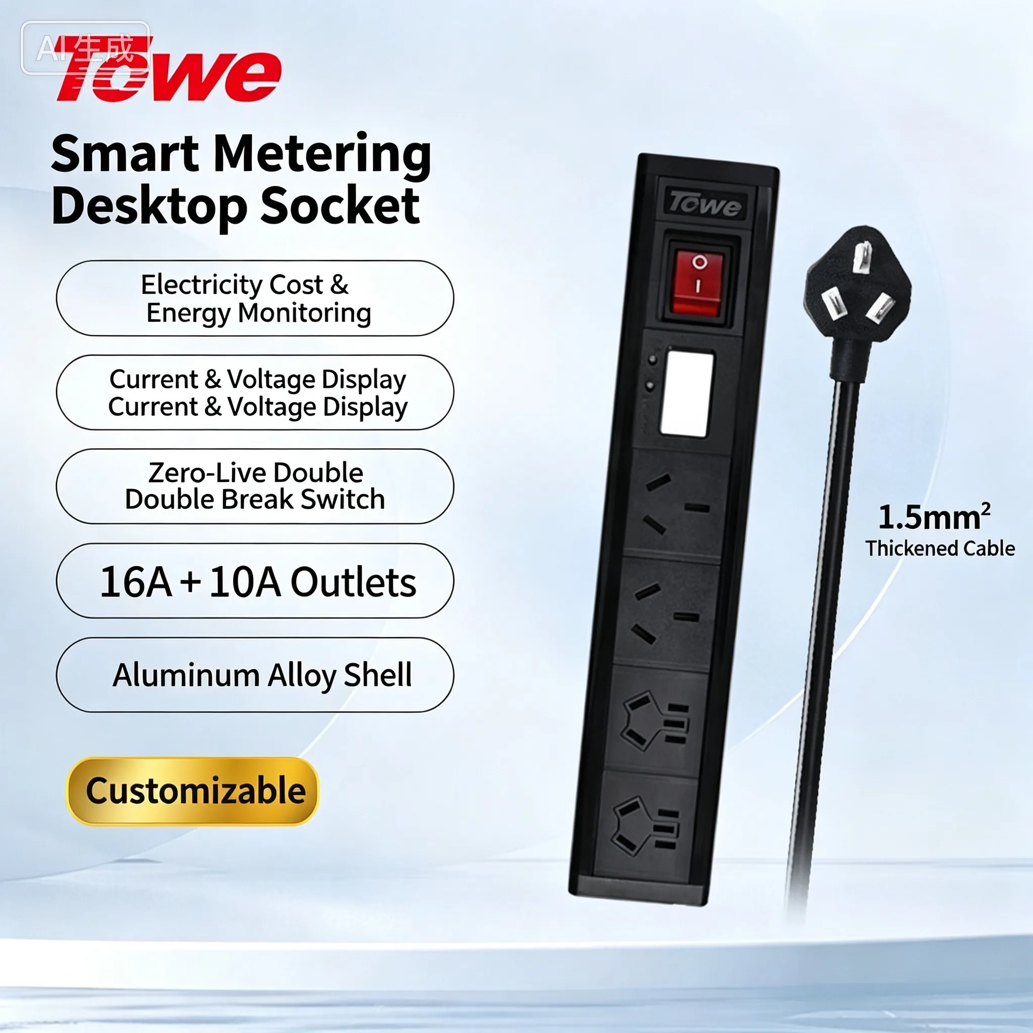 Smart Metered PDU Power Strip 4 Outlet Digital Voltmeter Ammeter 10A 16A Desktop Power Distribution Unit with Master Switch