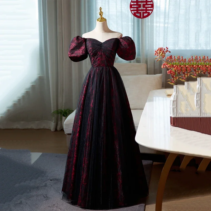 

Customized Evening Dress Burgundy Satin Black Tulle Strapless Short Puff Sleeves A-line Floor Length Plus Size Party Formal Gown