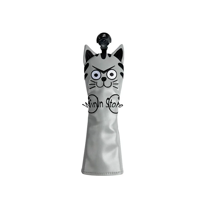 Cute Grey Cat Golf Head Covers for Driver Fairway Hybrid #1#3#5#7#UT Magnatic Putter Covers Waterproof PU Leahter Durable Covers