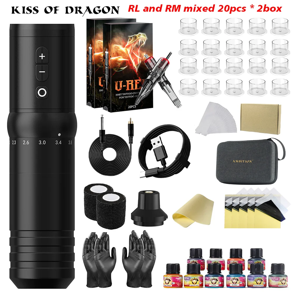 

Tattoo Kit Flash Adjustable 2.0-4.2mm Wireless Tattoo Kit Machine 7 Types Stroke Capacity 2000mAh Battery Tattoo Complete Kit