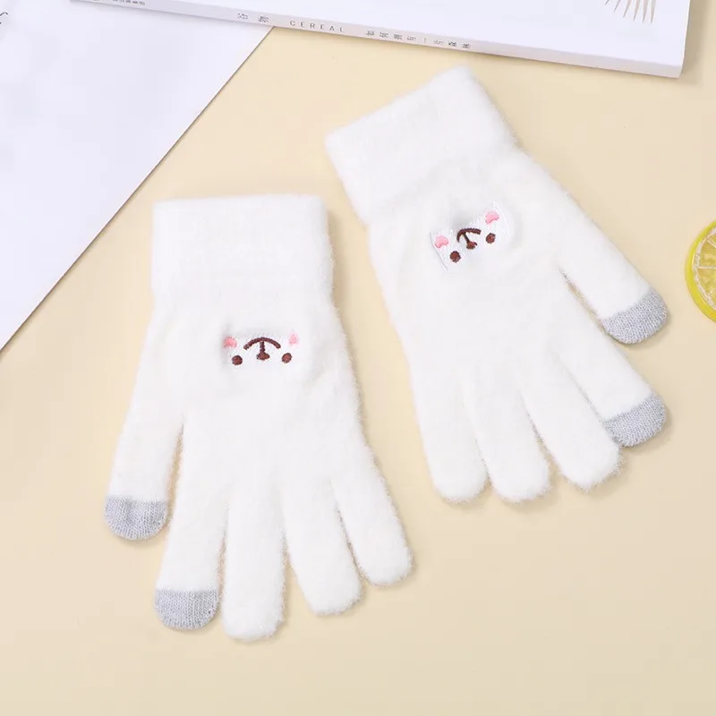 Winter Warm Funny Thickened Touchscreen Gloves with Embroidered Cute Cartoon Smiling Face for Women