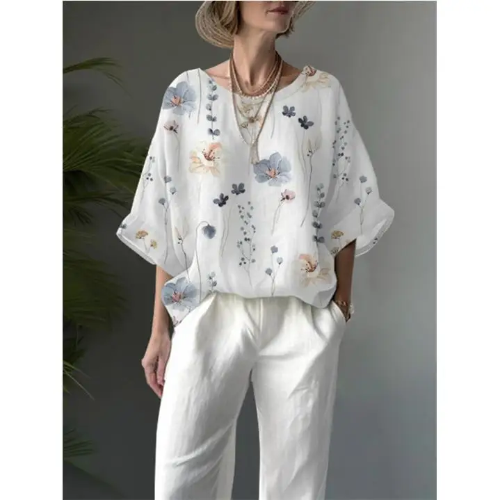 

Slimming Women's T-irt ort Sve oulder Printed irt Casual Fem Faion Non-Sinkage Five-Quarter Sve Length