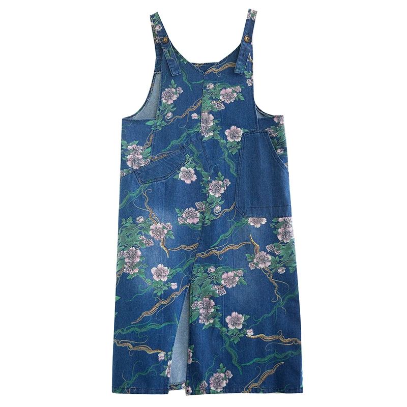 Tamanho grande denim macacão casual faion retro impressão algodão poliéster mistura a linha saia longa vintage sle feminino dr