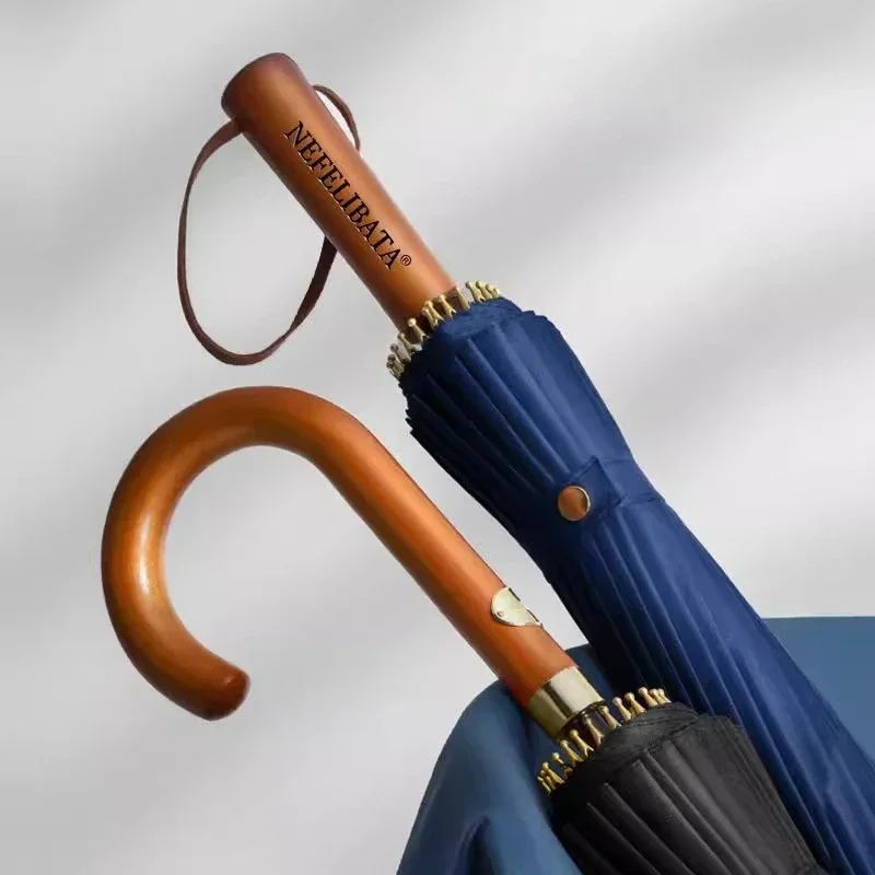 Vintage Wood Handle Umbrella Auto Open Close Heavy Duty Windproof Stormproof Rain Umbrella for Men Women Outdoor Travel Use 장우산