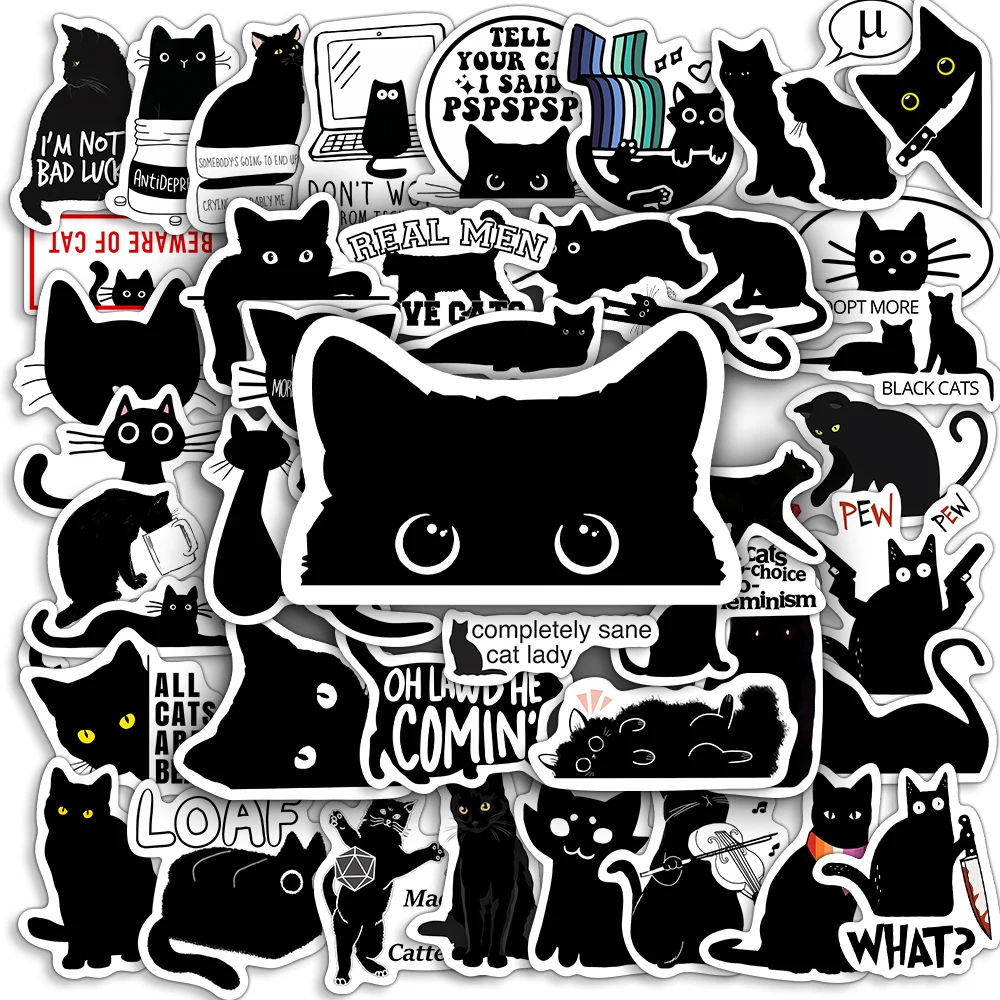 Kawaii Cute Black Cat Theme Stickers Decoration Self-adhesive Scrapbooking Stickers Waterproof PVC Notebook Laptop Phone Luggage