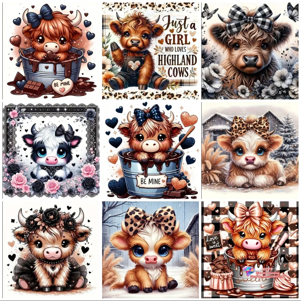 Highland Cattle Animal  Cow Love Heart 5D DIY Diamond Painting Set with Square and Round Diamonds Crafts Home Decor Gifts