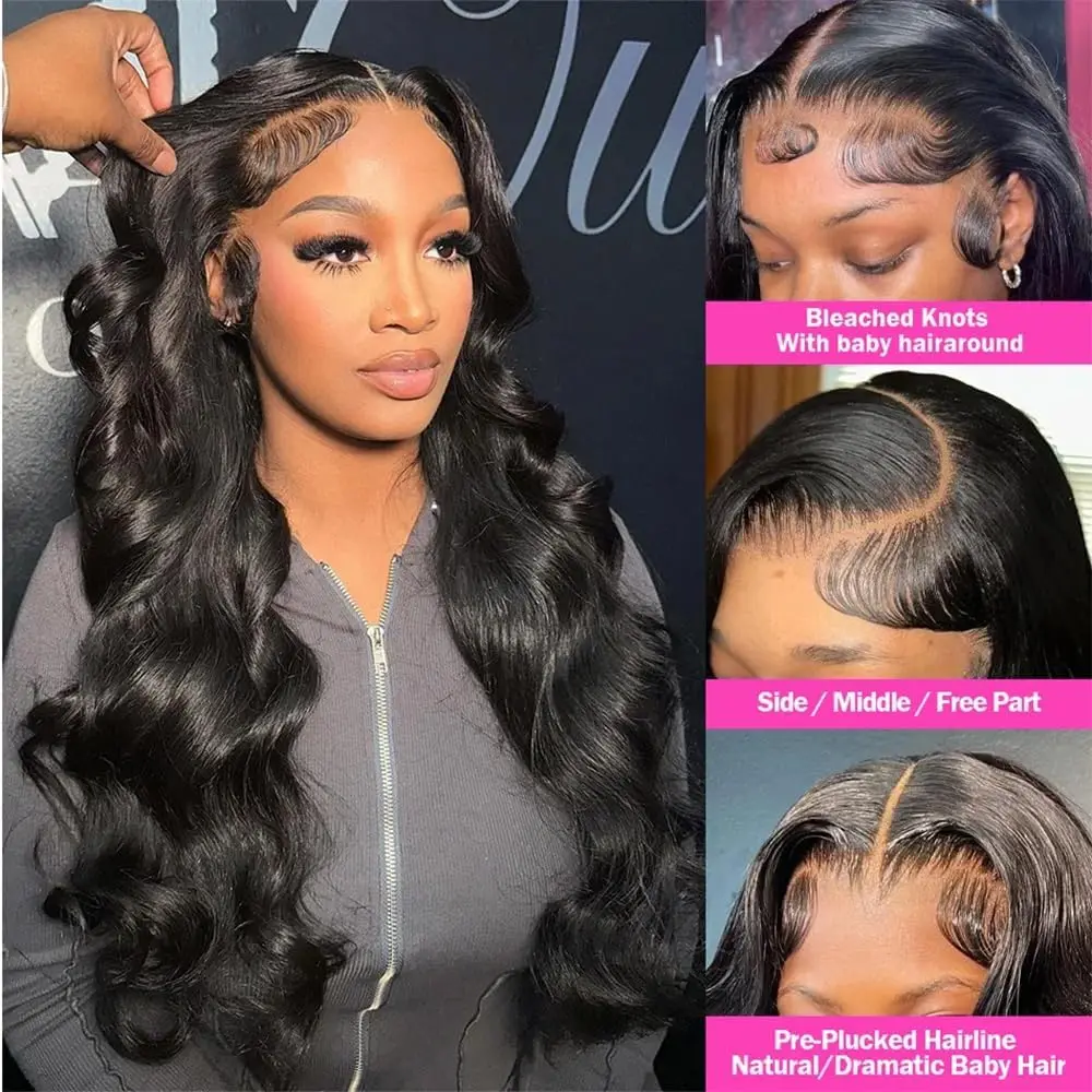 28 30 inches 13x4 lace front wig human hair pre-plucked wavy lace front wig human hair 180% density front wig Natural Black image 3