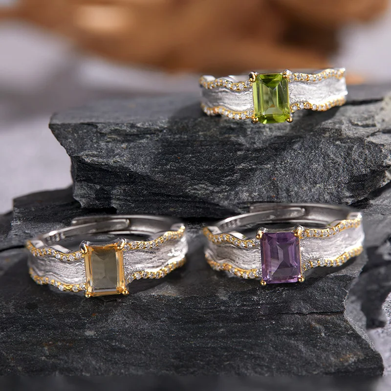 

S925 Sterling Silver Adjustable Ring for Women - Textured Concave Matte Design, Natural Topaz, Peridot, Amethyst, Citrine,Garnet