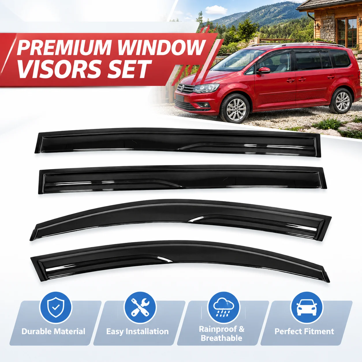 Set di 4 deflettori per finestrini esterni per Volkswagen Touran 2003-2015, protezione antipioggia, deflettore del vento, schermo antivento, parasole, protezione da pioggia e sole, accessorio per