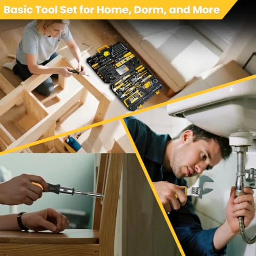 168ピースツールキットソケットレンチハンドツールセット、ツールボックス収納ケース付き、家庭用ツールキット、自宅、大学寮、オフィス用