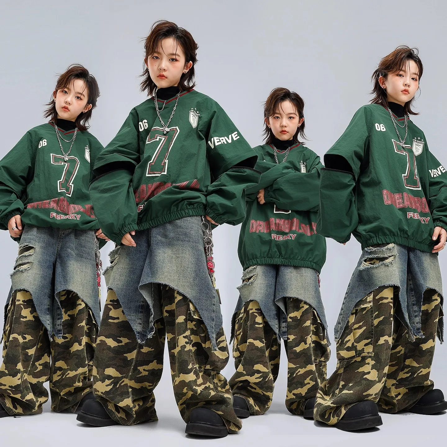 

Boys Green Tops Patchwork Camouflage Jeans Kids Street Dance Clothes Hip Hop Jazz Dance Costumes Wear Practice Outfits DQL12046