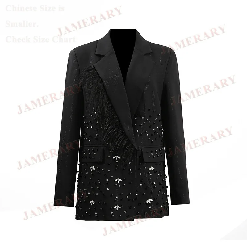 

Autumn Winter Luxury Formal Blazers Women Diamond Pearl Black Suit Coat Office Lady Elegant Fashion Blazer