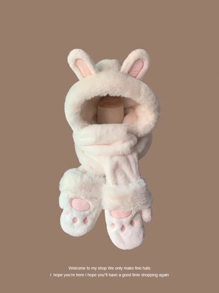 طقم قبعة ووشاح وقفازات أنيق بتصميم أذن أرنب للنساء، أكمام طويلة أنيقة