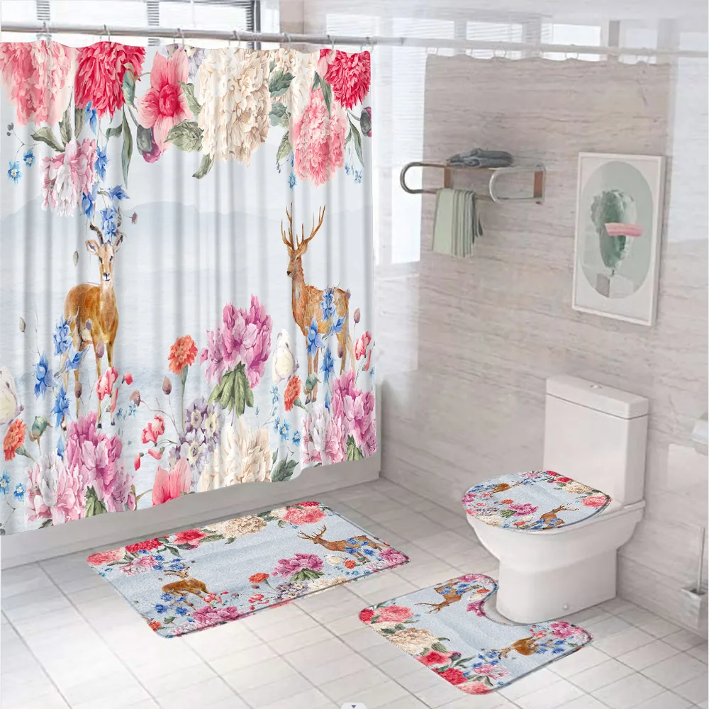 

Watercolor Floral Deer Shower Curtain Set for Bathroom Decor Animal Flower Bathtub Screen Non Slip Rug Bath Mat Toilet Lid Cover