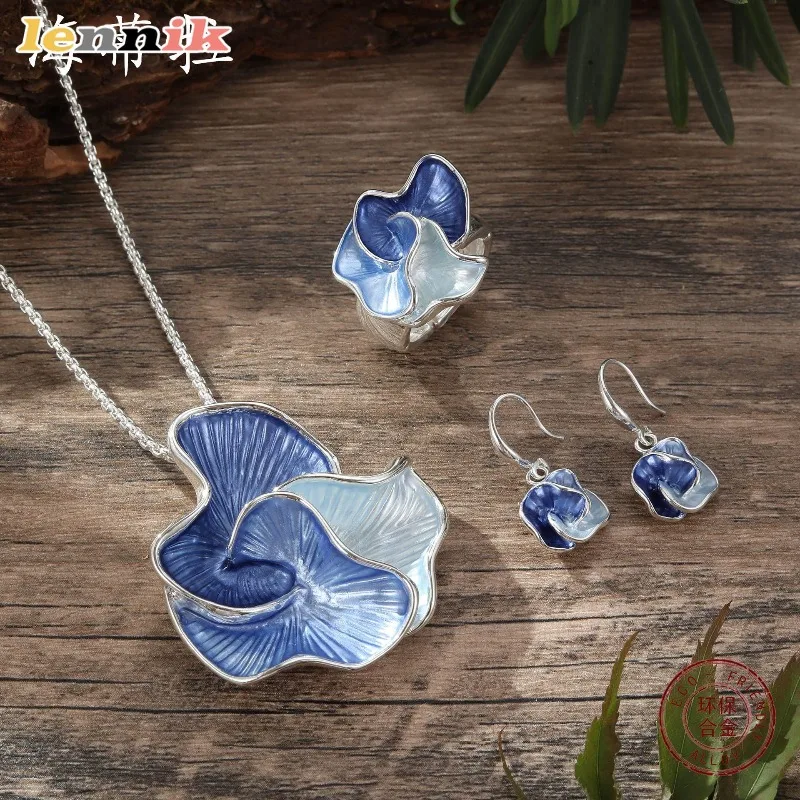 Buntes Blumen-Schmuckset, handbemaltes geometrisches Blütenblatt-Design, Kombination aus Ohrringen und Ringenanhänger, Premium-Kollektion für Damen, neu