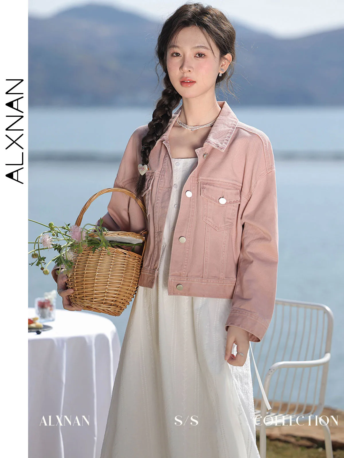 

ALXNAN Women's Denim Jacket Pink Short Elegant Long Sleeve Cotton 100% Coat 2025 Autumn Turn-down Collar Female Clothing L33736