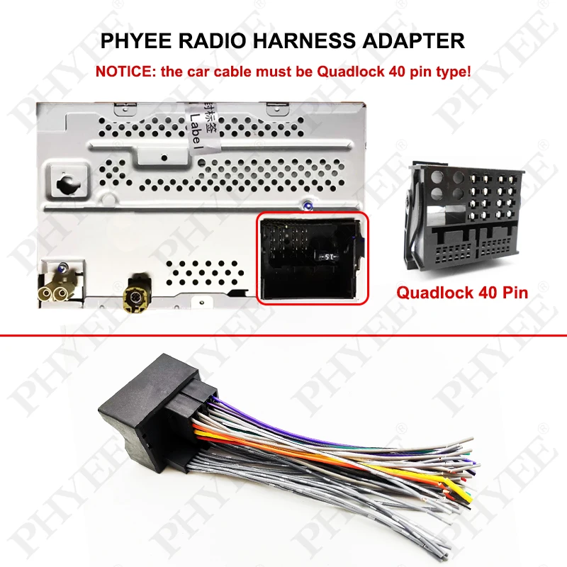 40 Pin Quadlock Female Connector Radio Wiring Harness for BMW Citroen Ford  Mercedes Peugeot VW Audi SEAT Opel Skoda