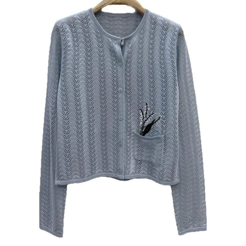 Elegant Knitted round Neck Hollow out Long Sleeve Floral Sweater Spring Casual Loose Fit Soft Medium Thickness Young Women