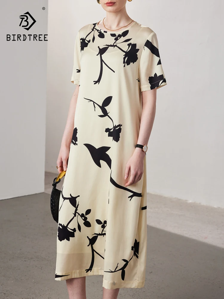 

BirdTree, 19MM 90%Natural Silk Elegant Dress, Women Short Sleeve O Neck Print, Retro Commute Dresses, 2024 Summer Fall D48194QC