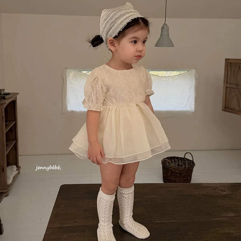 2026 New Summer 0-24M Children Clothes Newborn Baby Girl Romper Short Sleeved Cotton Mesh Splicing Toddler Baby Girls Jumpsuit