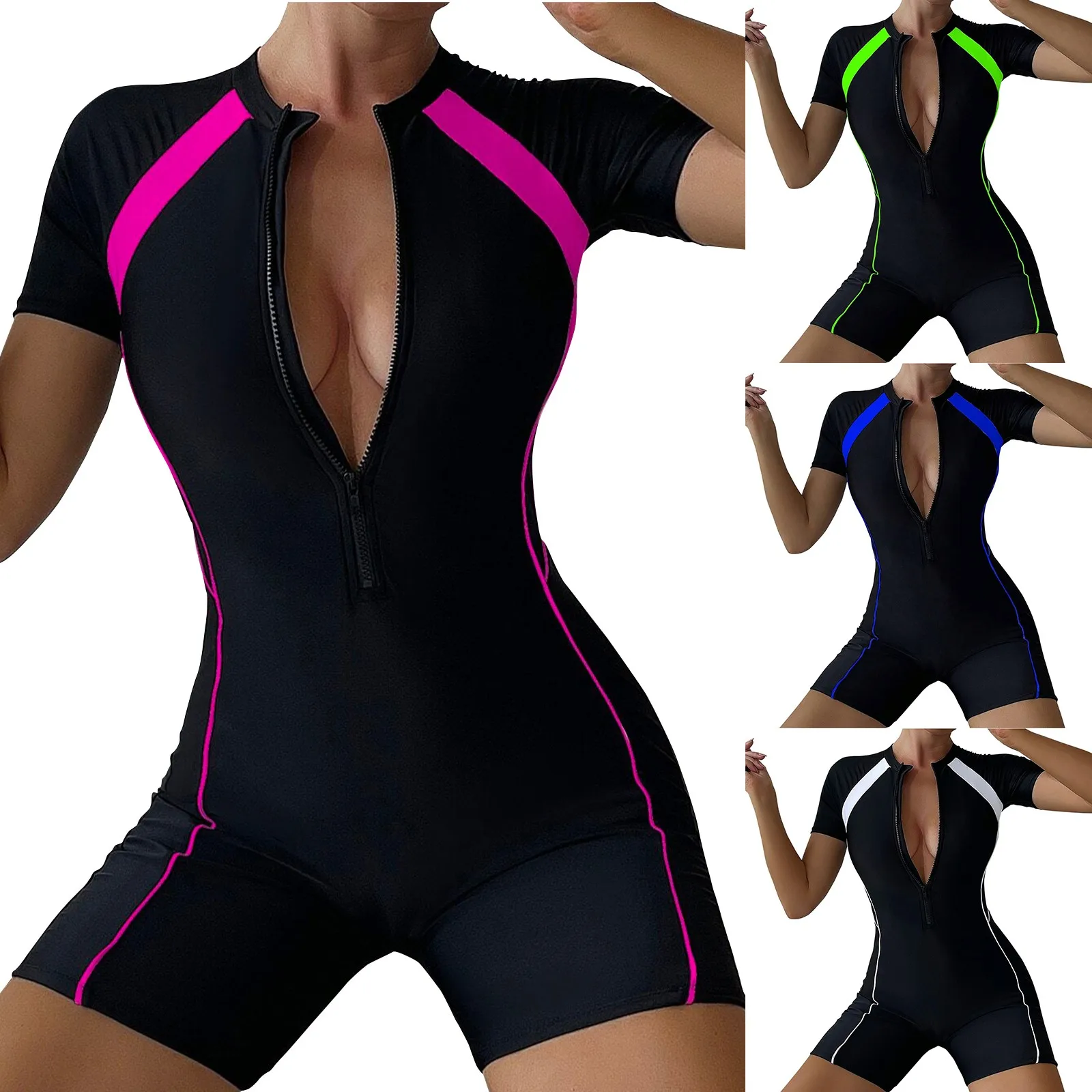 Female Summer One-piece Solid Color Patchwork Flat Angle Short Sleeved Zippered Swimsuit Sun Protection Quick-Drying Swimwear