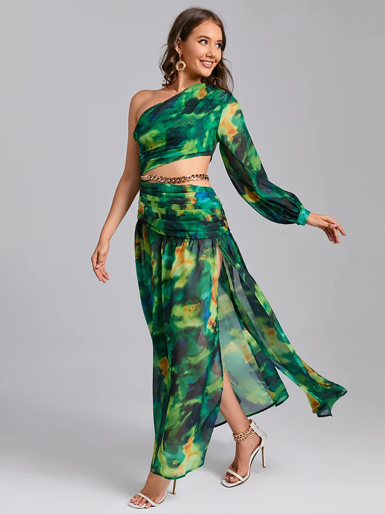 Vestido feminino de um ombro até o tornozelo, estampa exclusiva inspirada em tie-dye, manga bufante, recorte para festas de verão, passeios casuais