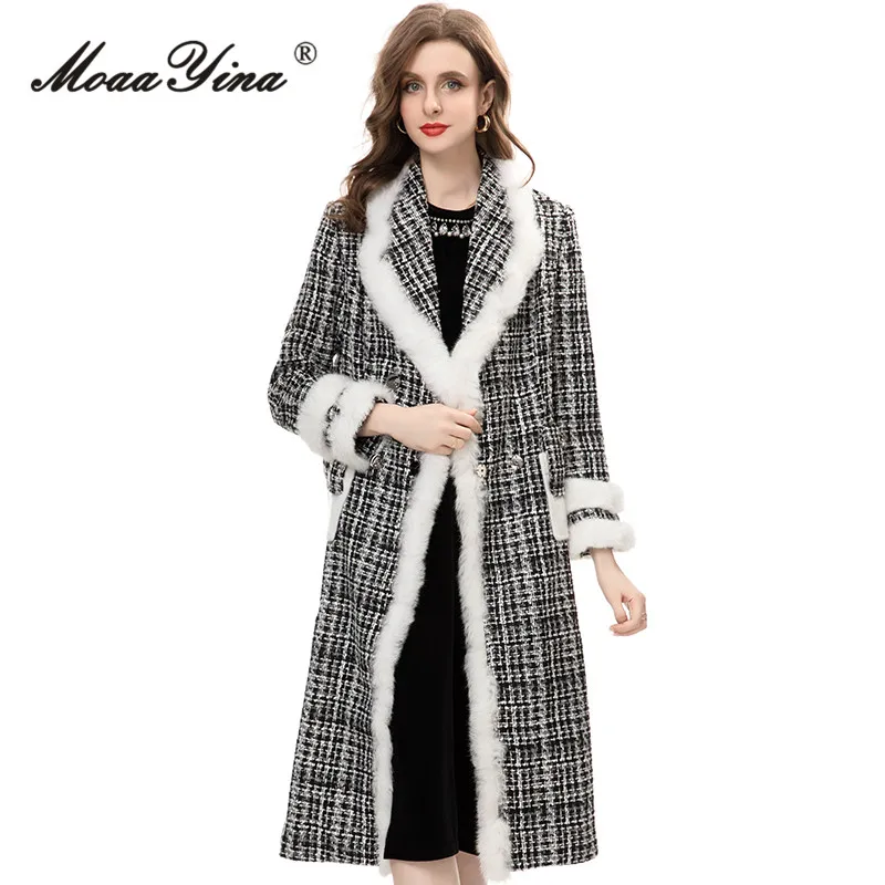 MoaaYina Winter Fashion Designer Black Vintage Blends Coat Women's Lapel Long Sleeve Button Diamond Pocket Slim Long Blends Coat