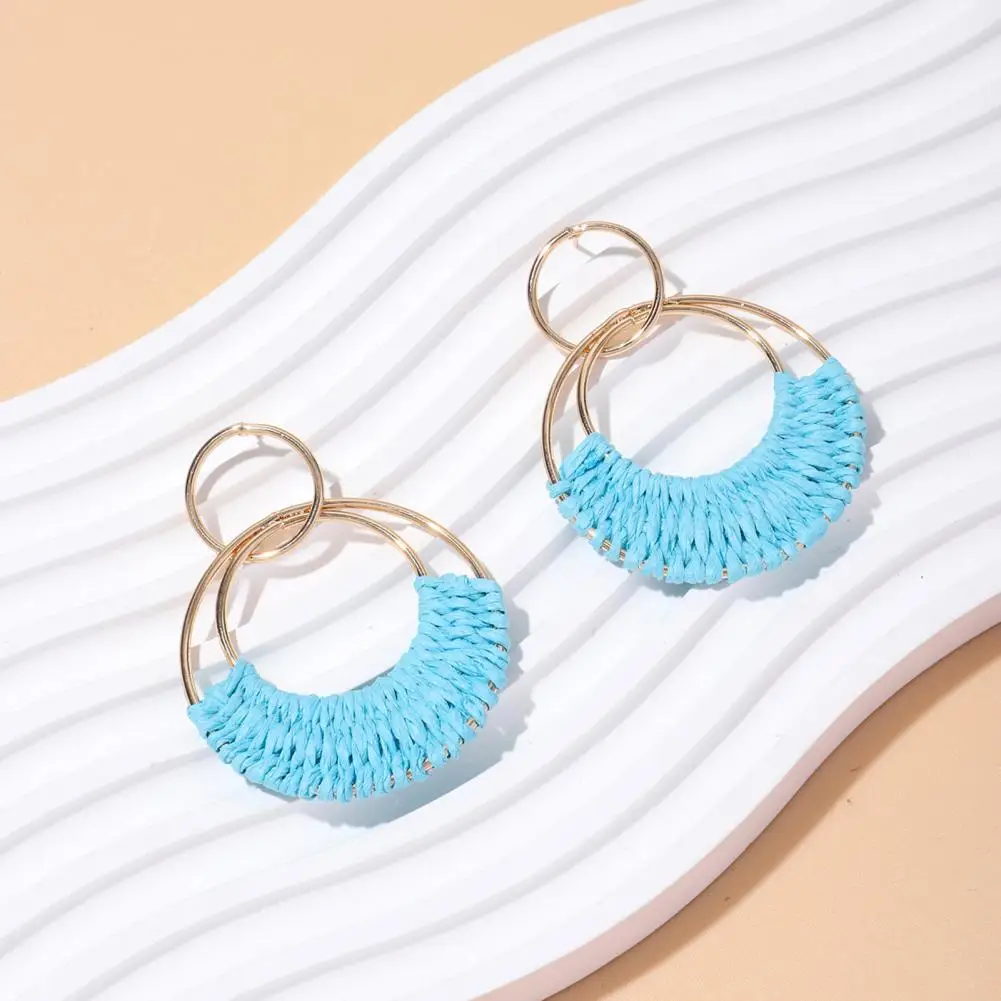 Fashion Raffia Drop Hoop Earrings Geometric Ring Summer Boho Beach Vacation Party Straw Woven Stud Dangle Earrings Accessories