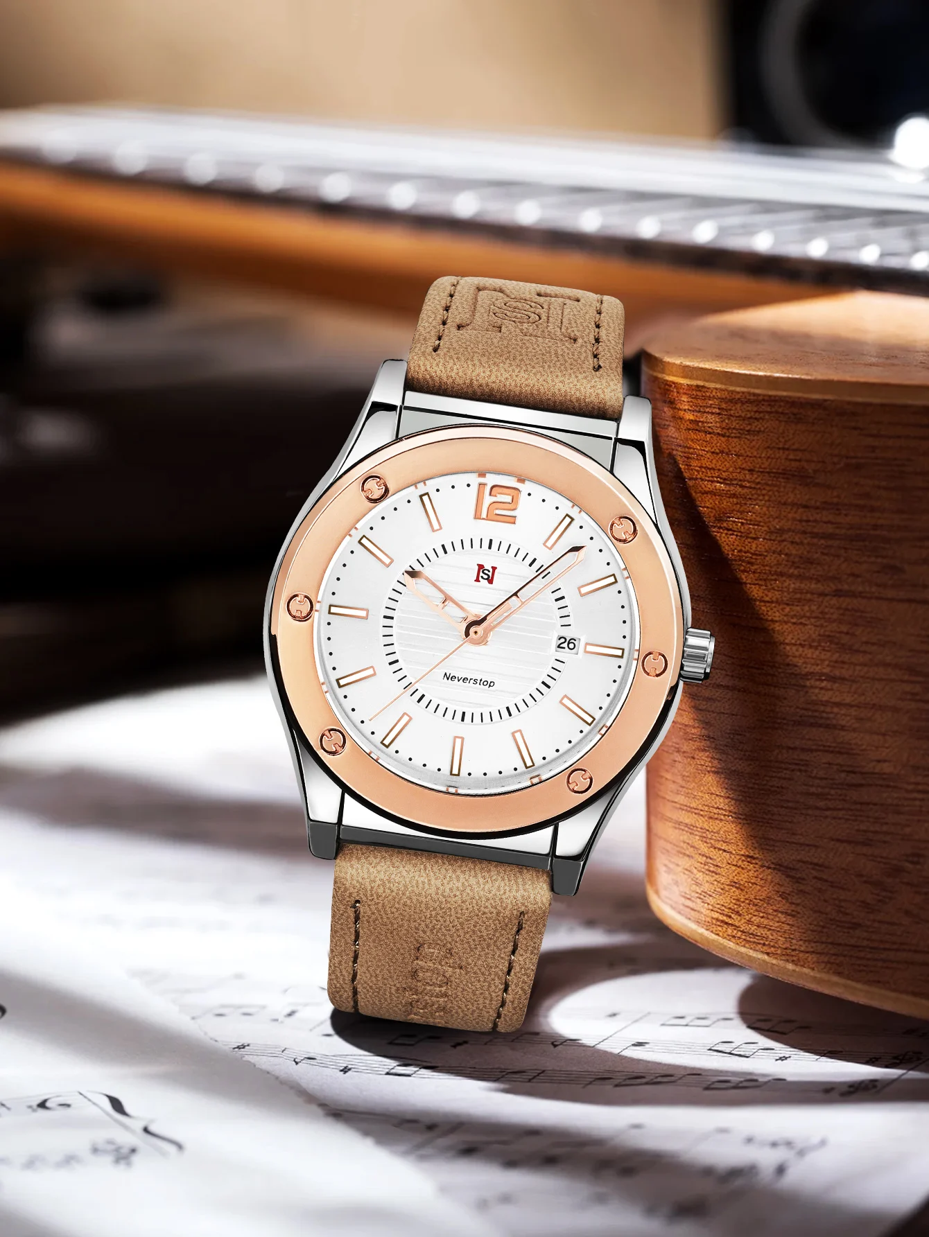 NS Men's Trendy Silver Quartz Watch: Premium Leather Strap, Minimalist Gift Box, Ideal Holiday Gift