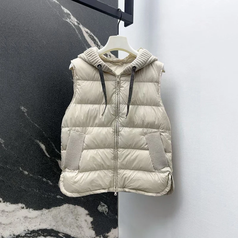 

Ladies' wool patchwork hooded down vest, fashionable and versatile sleeveless jacket, high-quality warm top, autumn and winter,