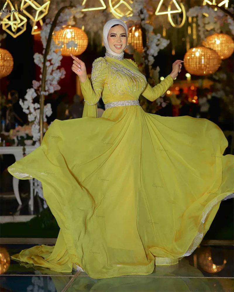 

Ciynsia Muslim Dubai Luxury Evening Dress A-Line Chiffon Long Sleeve Hijab Formal Dresses For Women Yellow Arabic Robe De Soiree