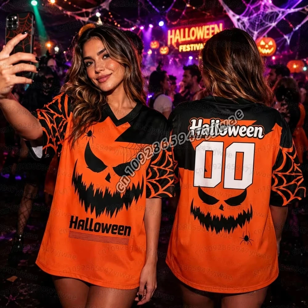 2026 Men Women Halloween Pumpkin Football Jersey Spooky Spider Web Short Sleeve Football Tshirt, Halloween Party KIDS T-Shirt -