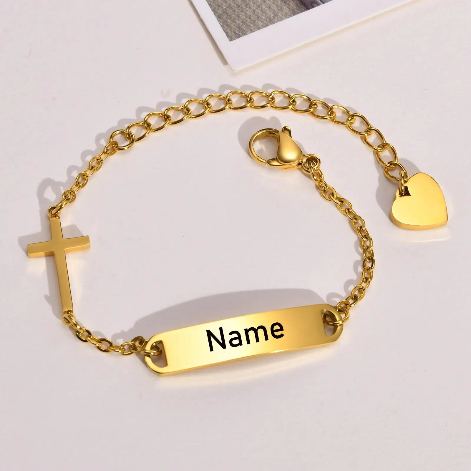 Personalized Stainless Steel ID Cross Bracelet for Girl Boy Gold Plated, Customized Nameplated Baptism Gift