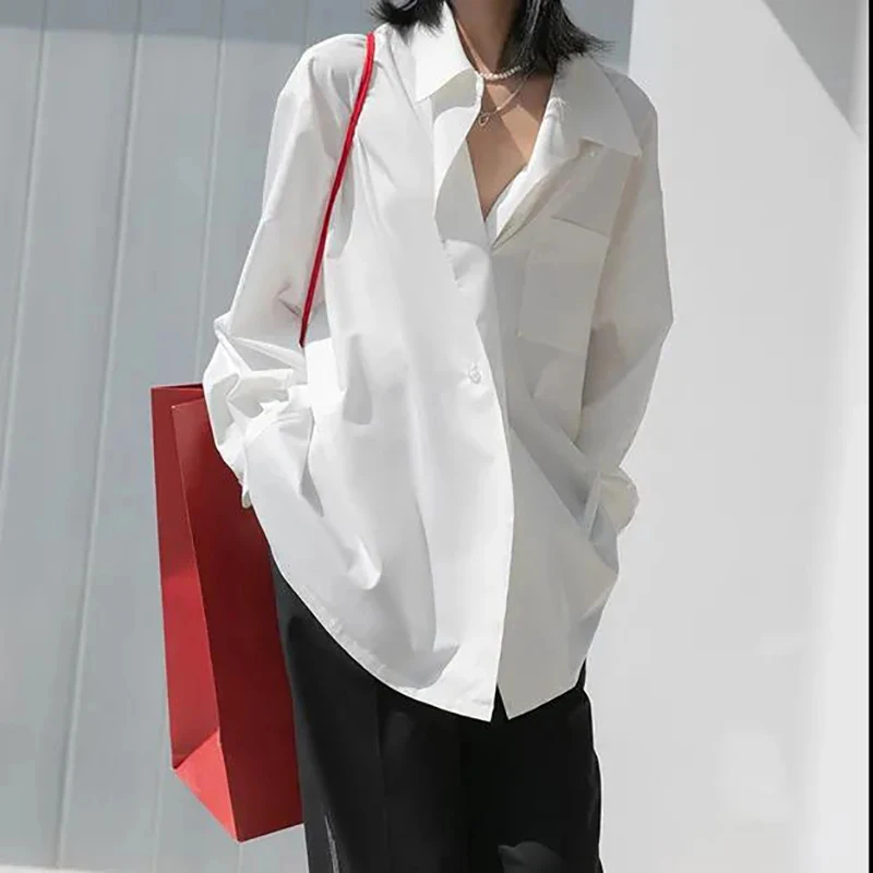 MEXZT Streetwear White Blue Shirts Women Korean Fashion Oversize Casual Chic Blouses Office Lady Simple Turn Down Collar Tops