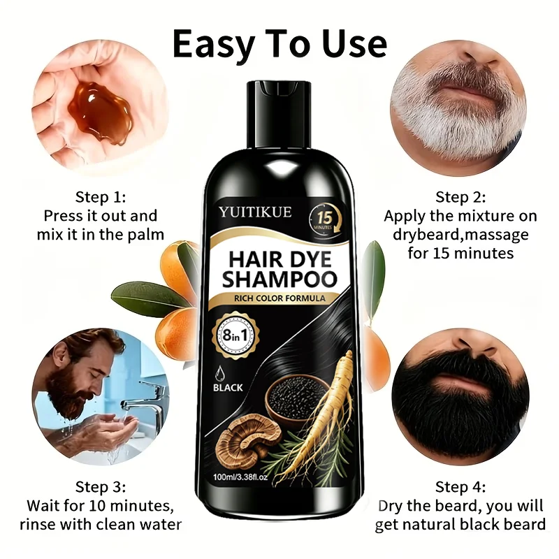 YUITIKUE 8-in-1 Herren Haar- & Bartfarbe Shampoo Natürlicher Ginseng Ganoderma Extrakt Schnelle 15-Minuten Grauhaarabdeckung Schwarzes Färbeshampoo – Detail 6