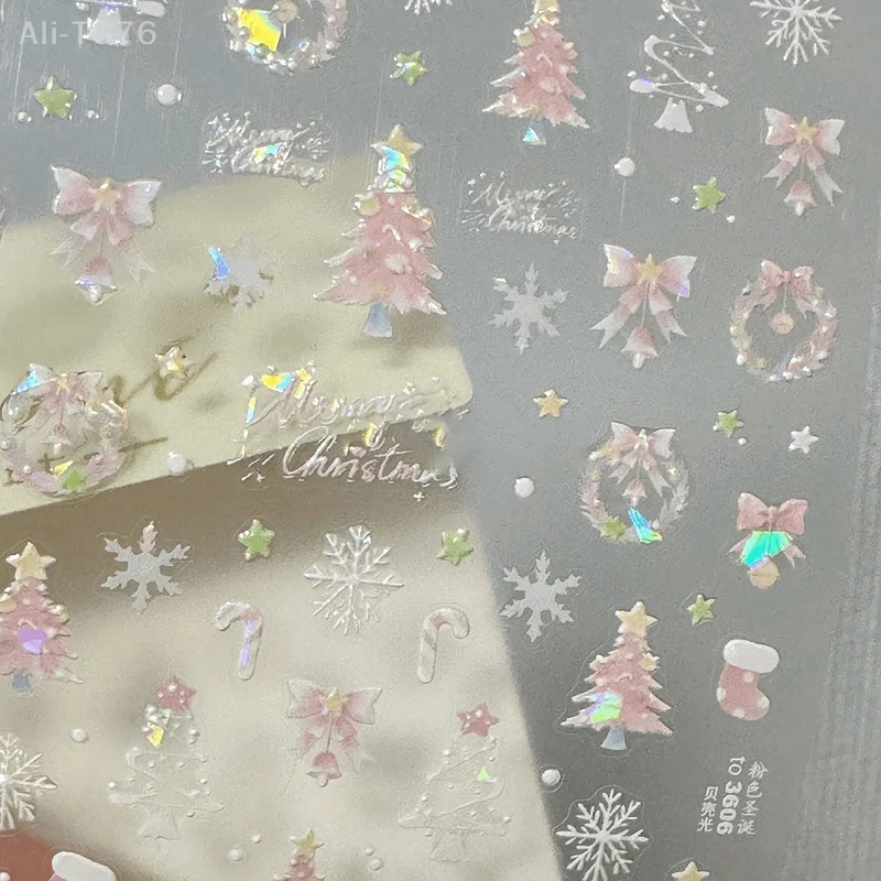 Pegatinas navideñas para uñas con conchas marinas brillantes, decoración iluminada para uñas, lindos copos de nieve, adornos de corona de estrellas para uñas festivas