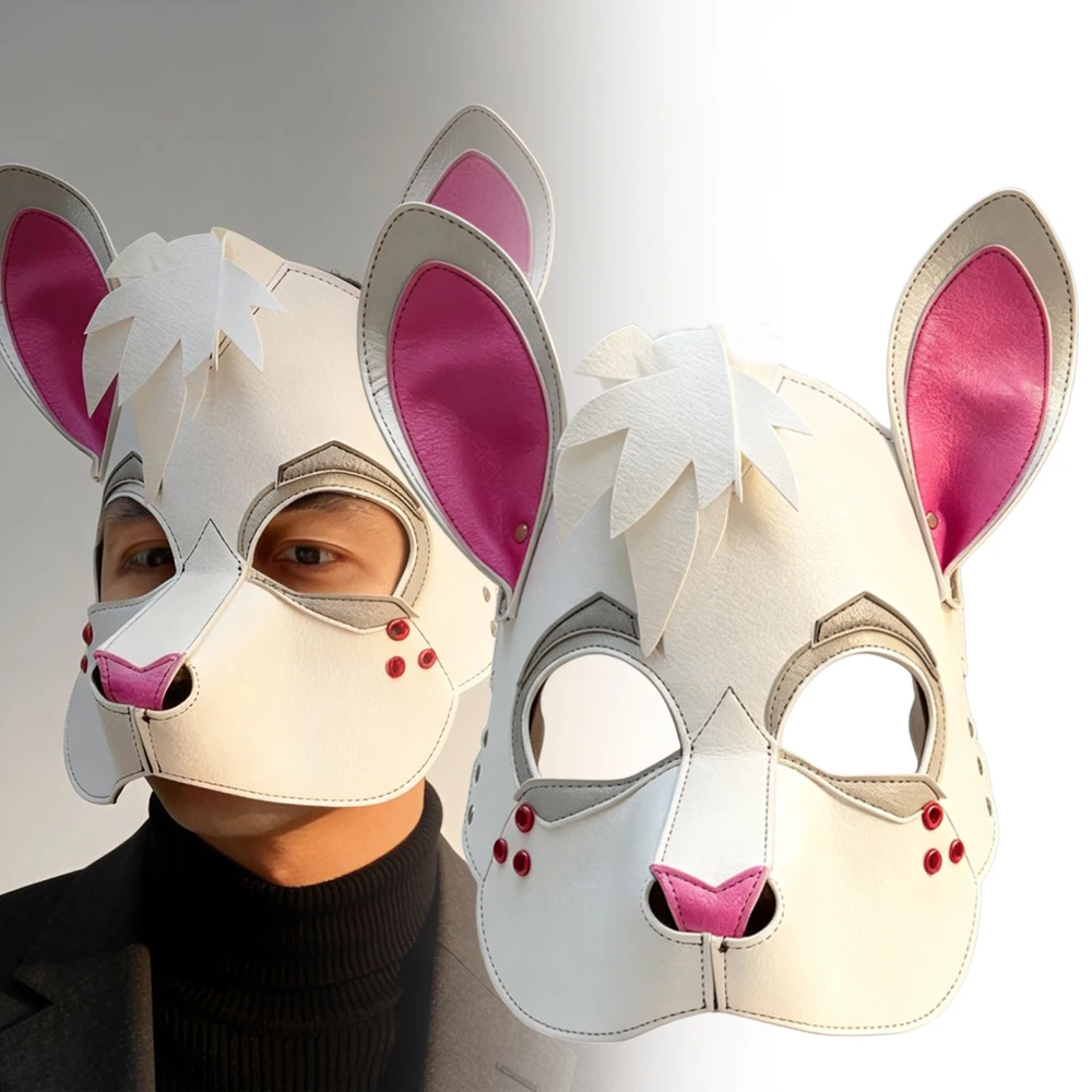 Punk Rabbit Mask White Bunny Pattern PU Leather Adult Animal Face Mask Fursuit Halloween Masquerade Cosplay Party Costume Prop