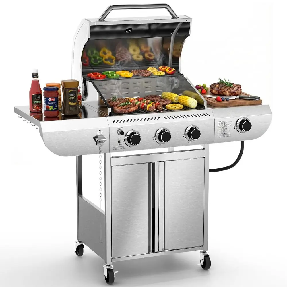 

3Burner Propane Gas Grill with Side Burner 34,000 BTU Stainless Steel Outdoor BBQ Grill with Thermometer amp Casters for Patio,