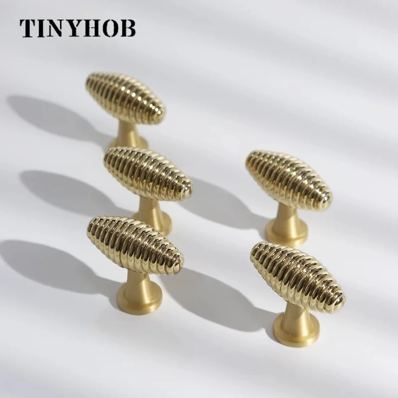 Solid Brass Ribbed Drawer Knobs,Gold Conical Threaded Cabinet Pulls, Single Hole Furniture Handles for Dresser Kitchen Cupboard